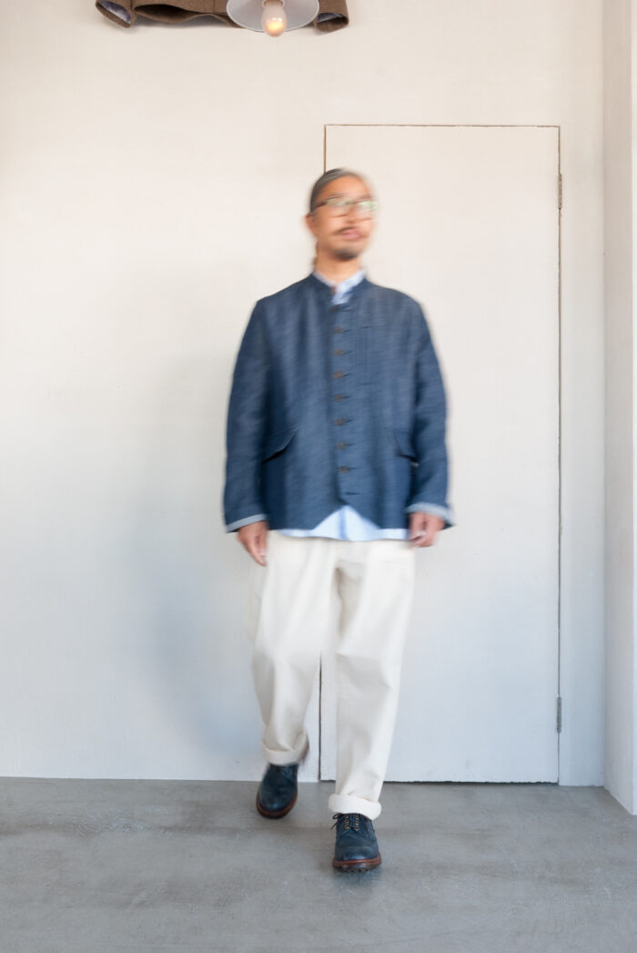 QUILP PHILLIPS Indigo Linen Short Jacket Post O’Alls E-Z Travail Pants vintage sheeting natural