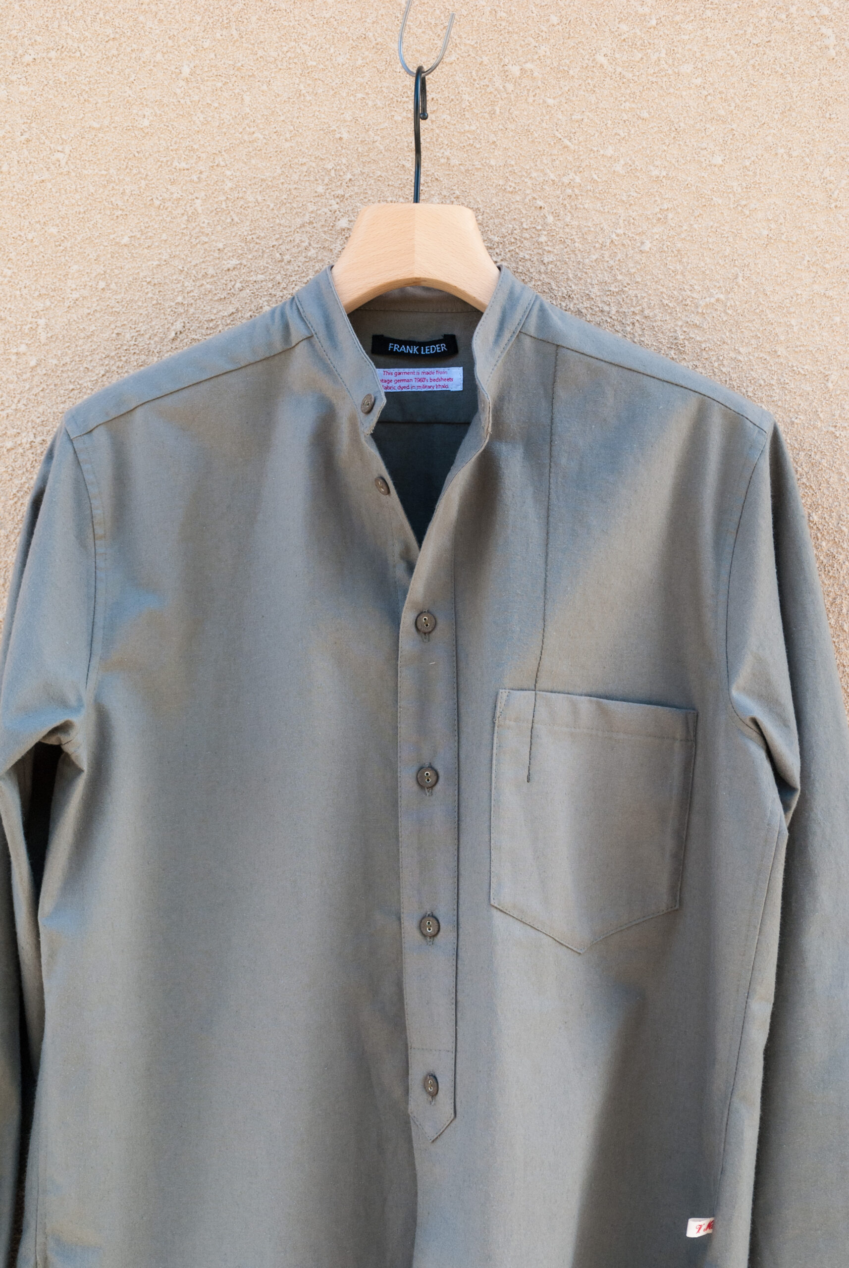 Frank Leder 60’s Vintage Bedsheet Old Style Stand Collar Shirt Military  Khaki