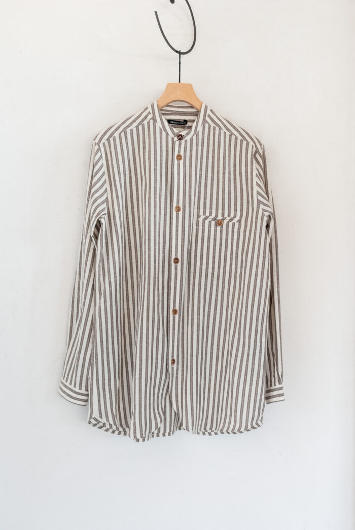 Frank Leder Farmers Striped Cotton Linen Stand Collar Shirt Natural