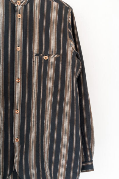 Frank Leder Farmers Striped Cotton Linen Stand Collar Shirt Black