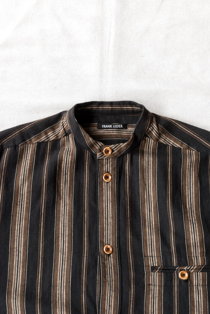 Frank Leder Farmers Striped Cotton Linen Stand Collar Shirt Black