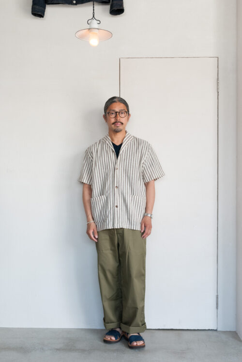 Frank Leder Farmers Striped Cotton/Linen Short Sleeve Shirt with Front Pocket Natural