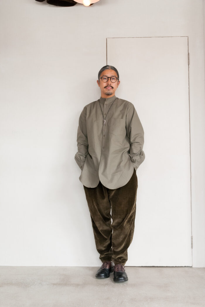 Frank Leder 60’s Vintage Bedsheet Old Style Stand Collar Shirt Military Khaki