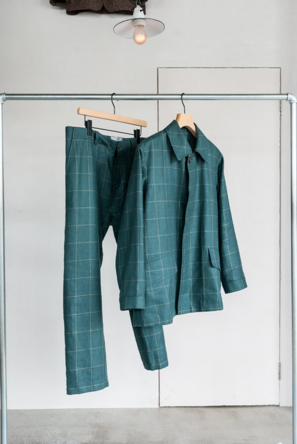 QUILP SPALDING Wool Linen Trousers Windowpane Green
