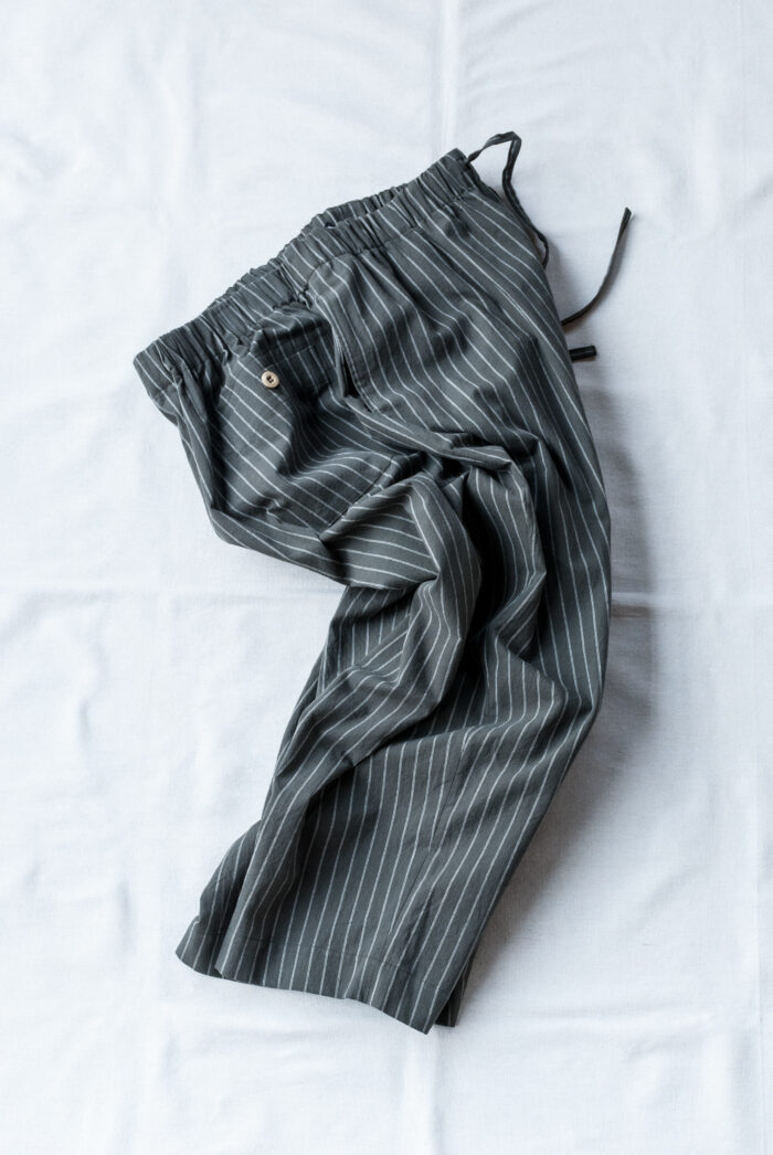 Frank Leder Washed Striped Cotton / Linen Wide Drawstring 3/4 Lenght Trousers Olive
