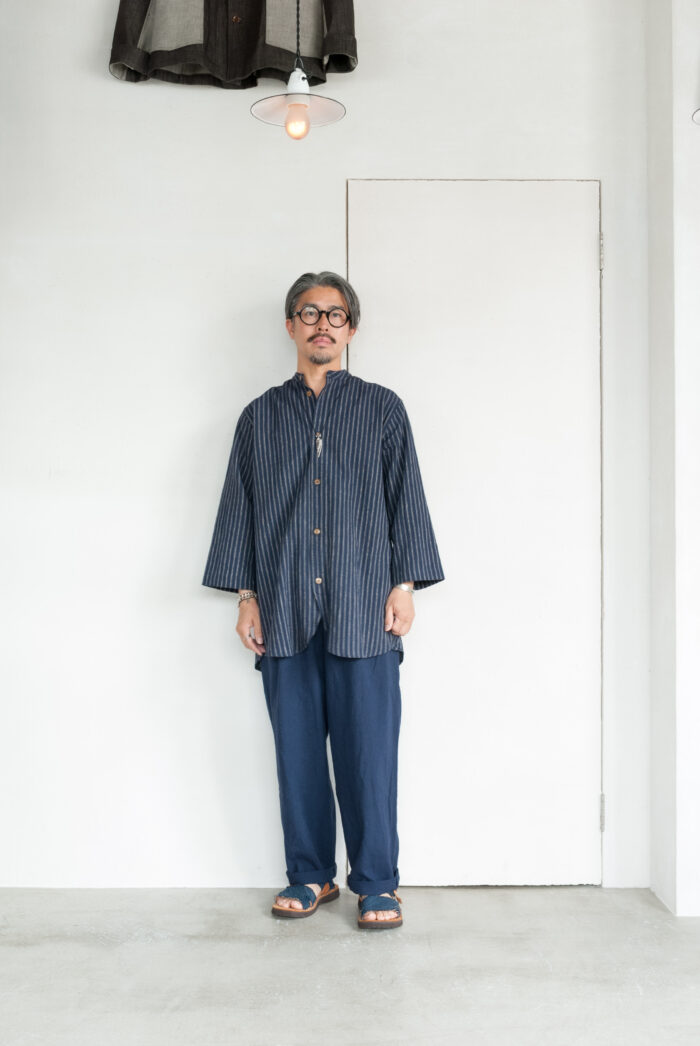 Linen / Cotton 1 Tuck Drawstring Trousers Navy A