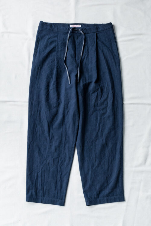 Frank Leder Striped Linen / Cotton 1 Tuck Drawstring Trousers Navy A