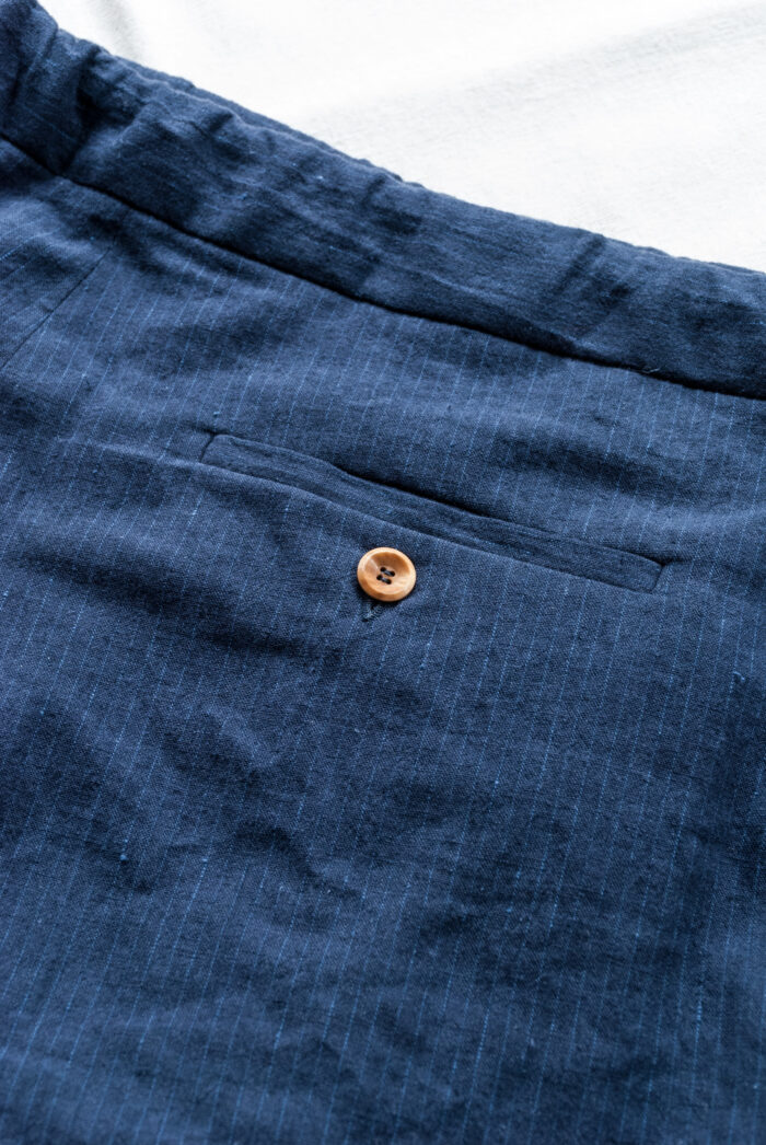 Frank Leder Striped Linen / Cotton 1 Tuck Drawstring Trousers Navy A