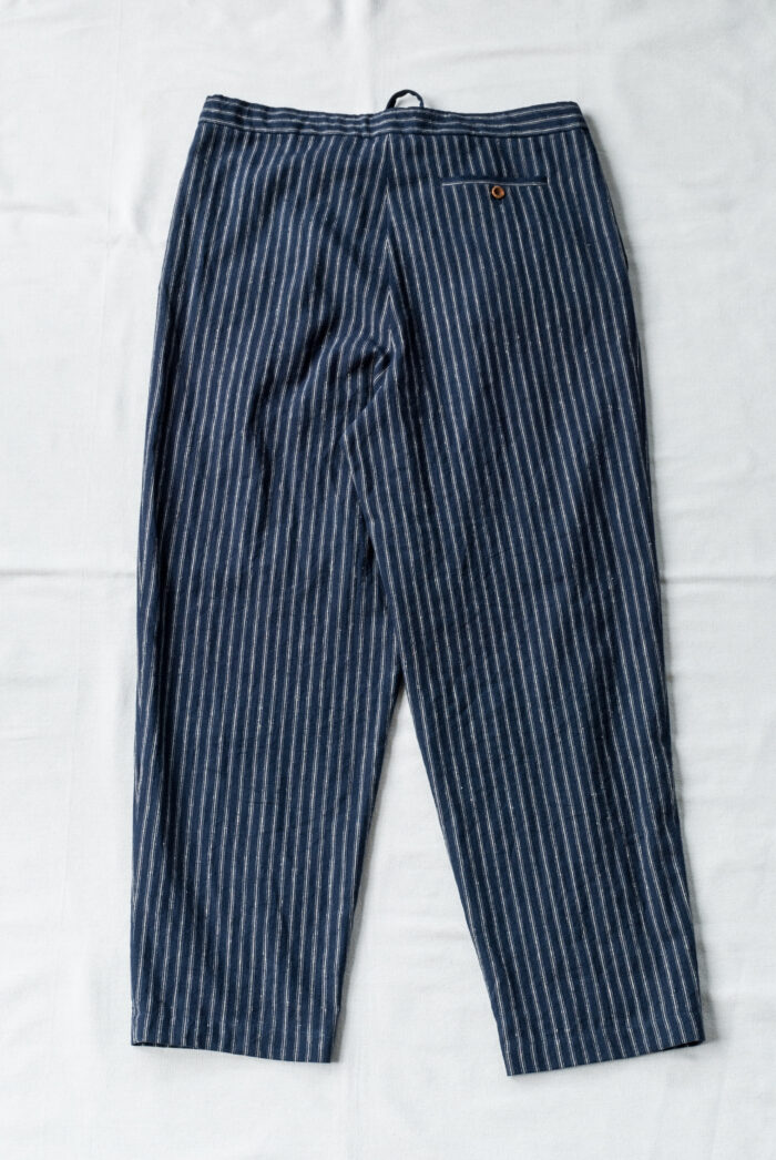 Frank Leder Striped Linen / Cotton 1 Tuck Drawstring Trousers Navy B