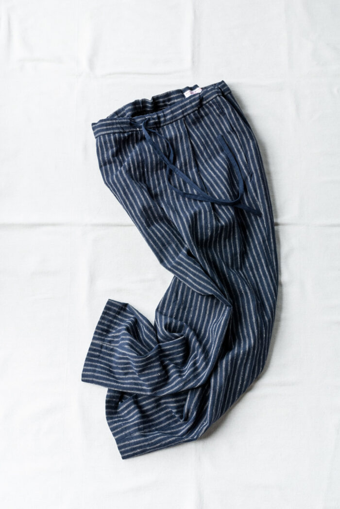 Frank Leder Striped Linen / Cotton 1 Tuck Drawstring Trousers Navy B