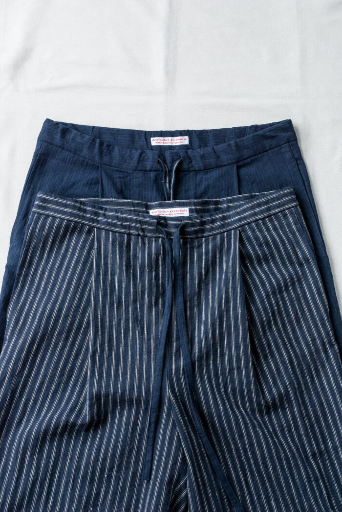 Frank Leder Striped Linen / Cotton 1 Tuck Drawstring Trousers Navy