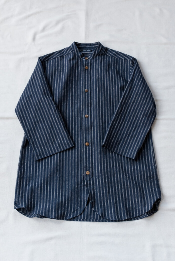 Frank Leder Striped Linen / Cotton 3/4 Sleeve Shirt Navy B