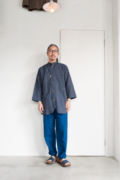 Frank Leder Striped Linen / Cotton 3/4 Sleeve Shirt Navy B