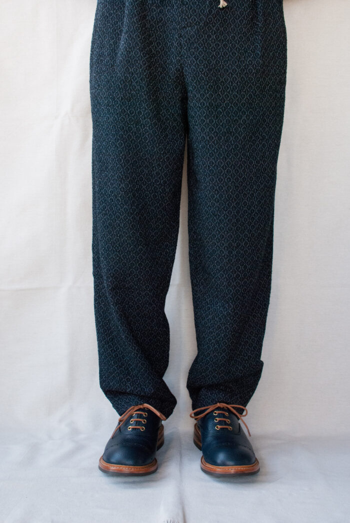 Frank Leder Navy Ornamentic Wool Drawstring 2Tuck Trousers