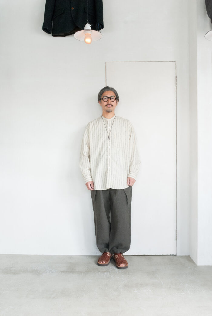 Post O’Alls Band Collar Shirt MV Stripe Shirting Natural