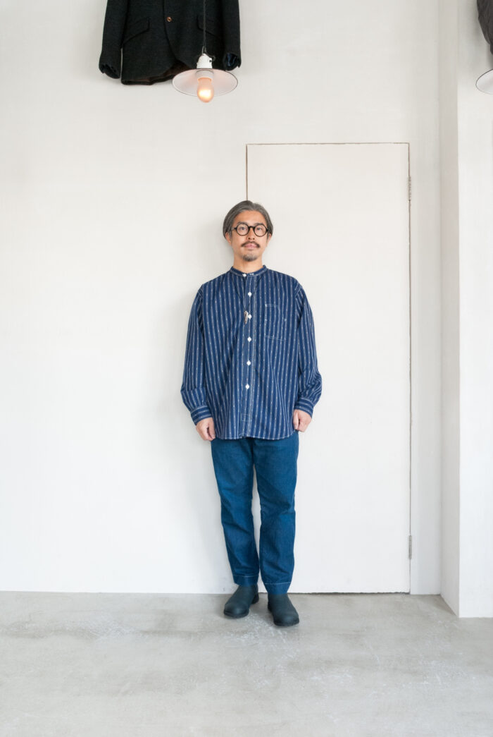 Post O’Alls Band Collar Shirt MV Stripe Shirting Indigo