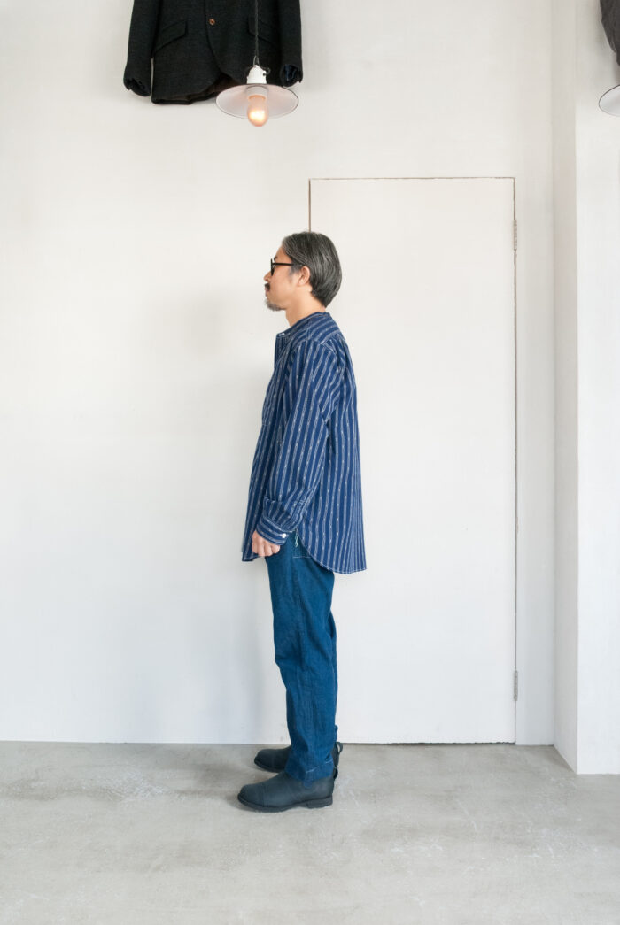 Post O’Alls Band Collar Shirt MV Stripe Shirting Indigo