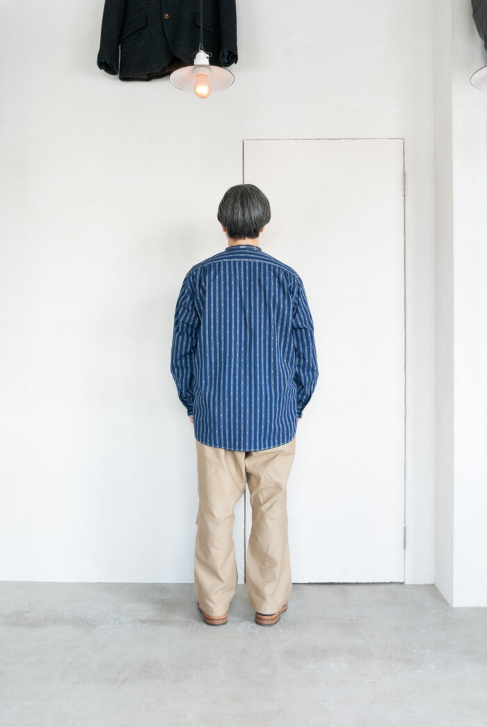 Post O’Alls Band Collar Shirt MV Stripe Shirting Indigo