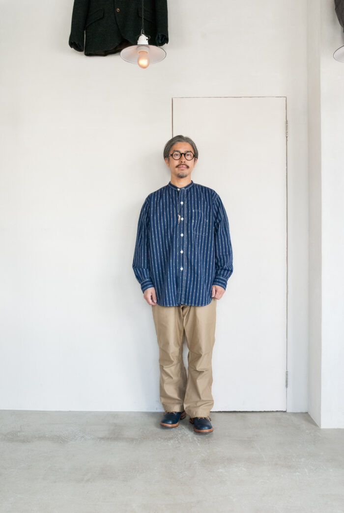 Post O’Alls Band Collar Shirt MV Stripe Shirting Indigo