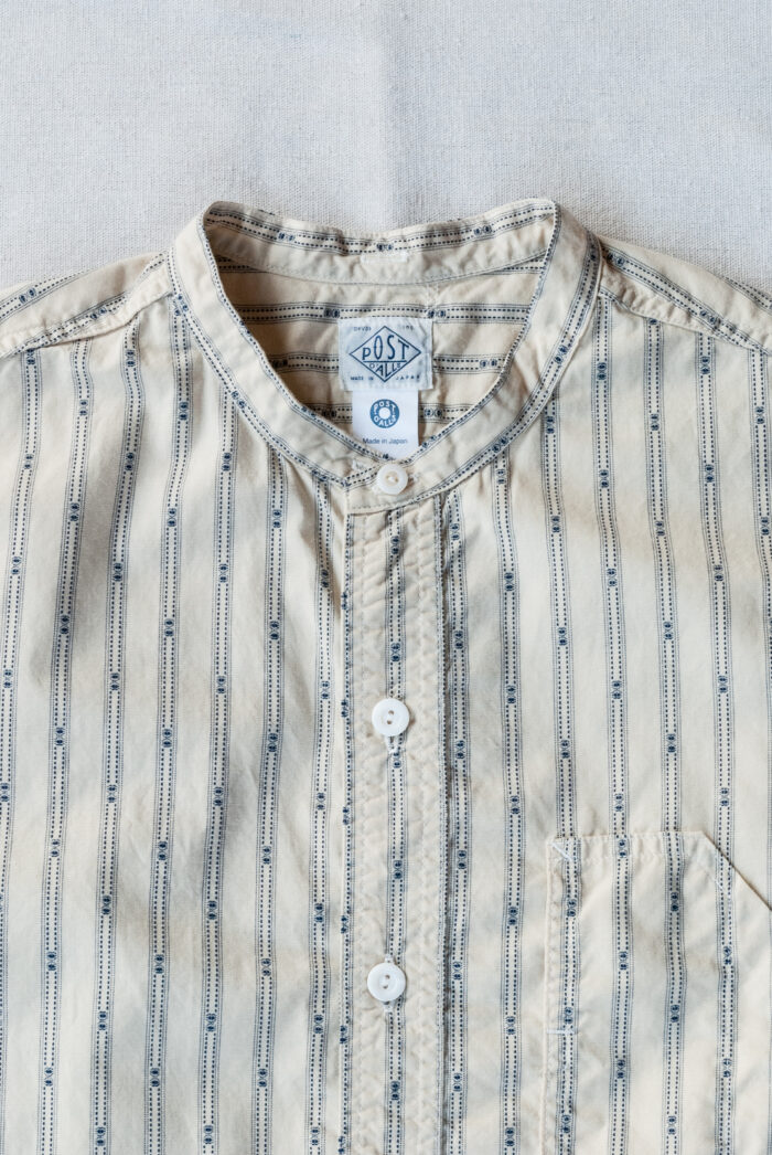 Post O’Alls Band Collar Shirt MV Stripe Shirting Natural