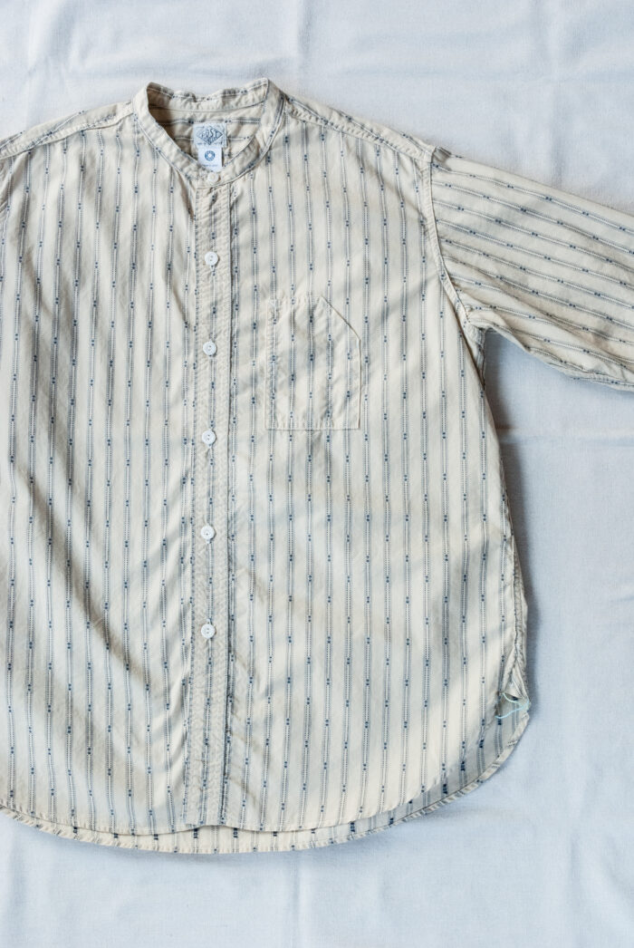 Post O’Alls Band Collar Shirt MV Stripe Shirting Natural