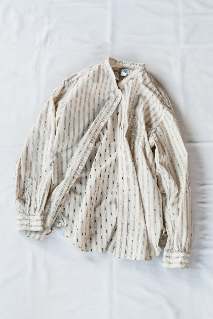 Post O’Alls Band Collar Shirt MV Stripe Shirting Natural