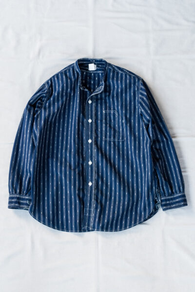 Post O’Alls Band Collar Shirt MV Stripe Shirting Indigo