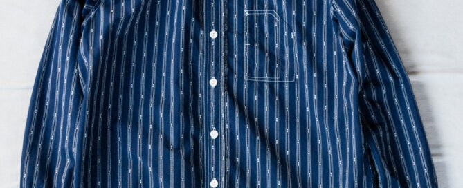 Post O’Alls Band Collar Shirt MV Stripe Shirting Indigo