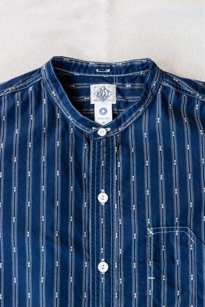 Post O’Alls Band Collar Shirt MV Stripe Shirting Indigo