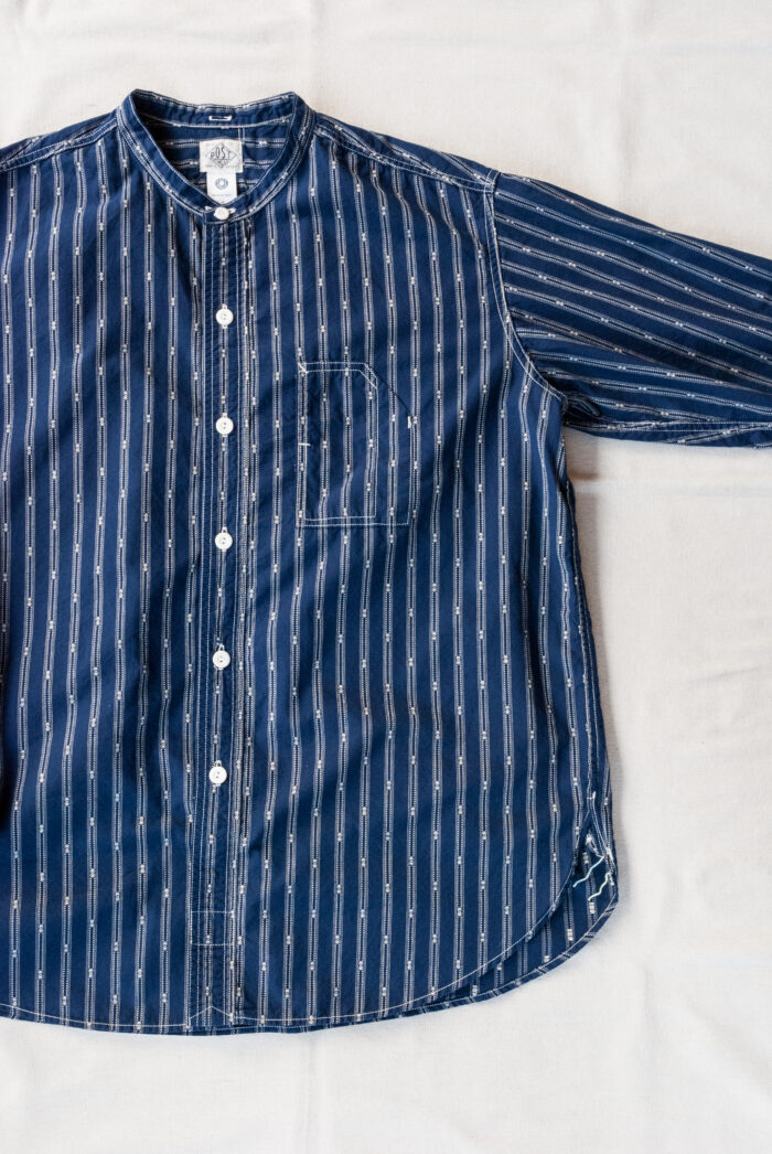 Post O’Alls Band Collar Shirt MV Stripe Shirting Indigo