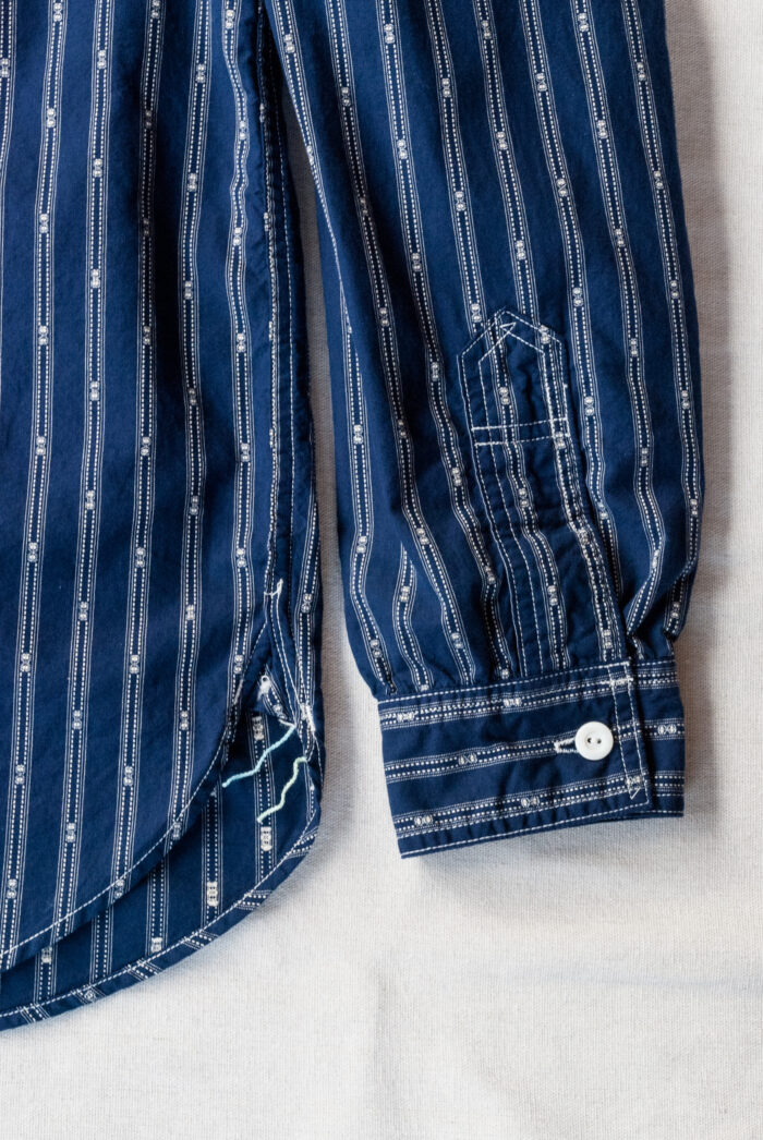 Post O’Alls Band Collar Shirt MV Stripe Shirting Indigo