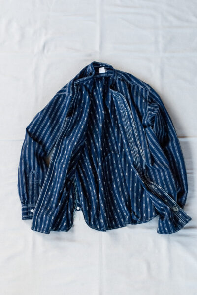 Post O’Alls Band Collar Shirt MV Stripe Shirting Indigo