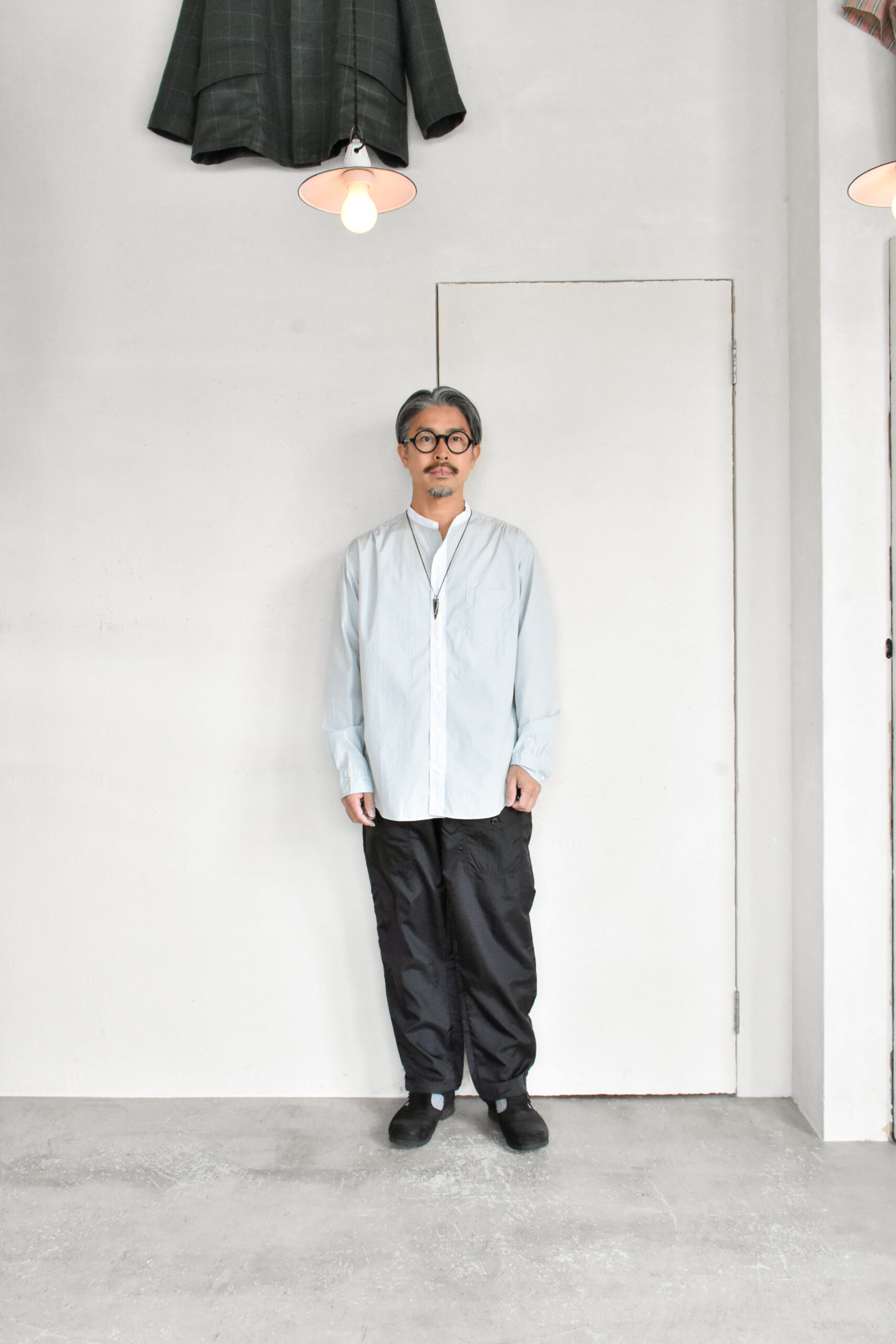 Post O’Alls Original BL Band Collar Shirt broadcloth White Trim Green Stripe