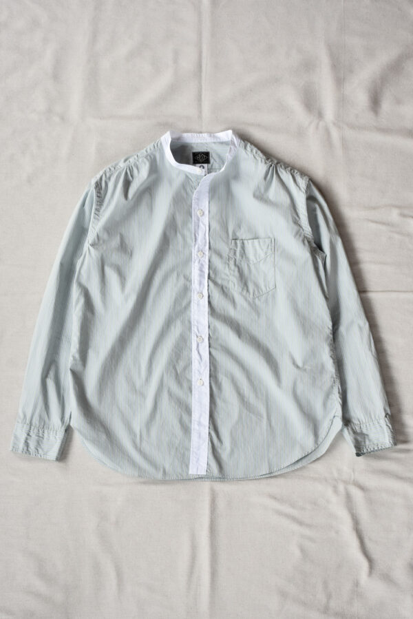 Post O’Alls Original BL Band Collar Shirt broadcloth White Trim Green Stripe