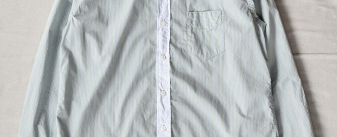 Post O’Alls Original BL Band Collar Shirt broadcloth White Trim Green Stripe
