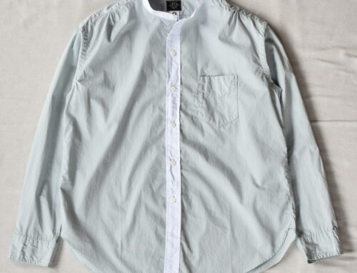 Post O’Alls Original BL Band Collar Shirt broadcloth White Trim Green Stripe