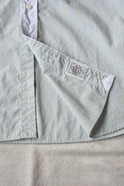 Post O’Alls Original BL Band Collar Shirt broadcloth White Trim Green Stripe