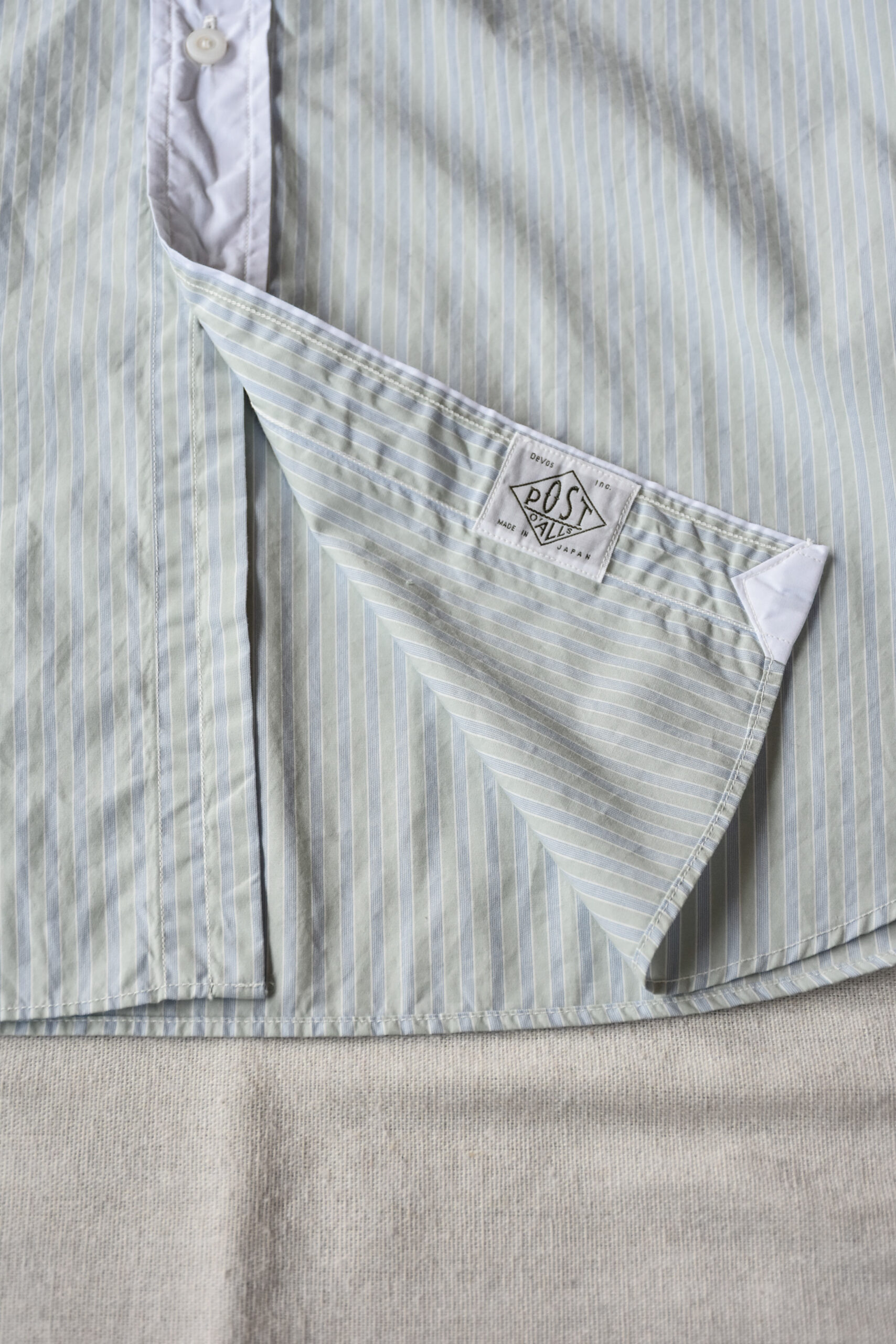 Post O’Alls Original BL Band Collar Shirt broadcloth White Trim Green Stripe