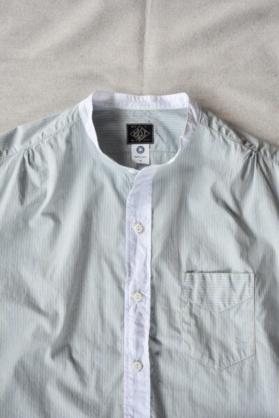 Post O’Alls Original BL Band Collar Shirt broadcloth White Trim Green Stripe