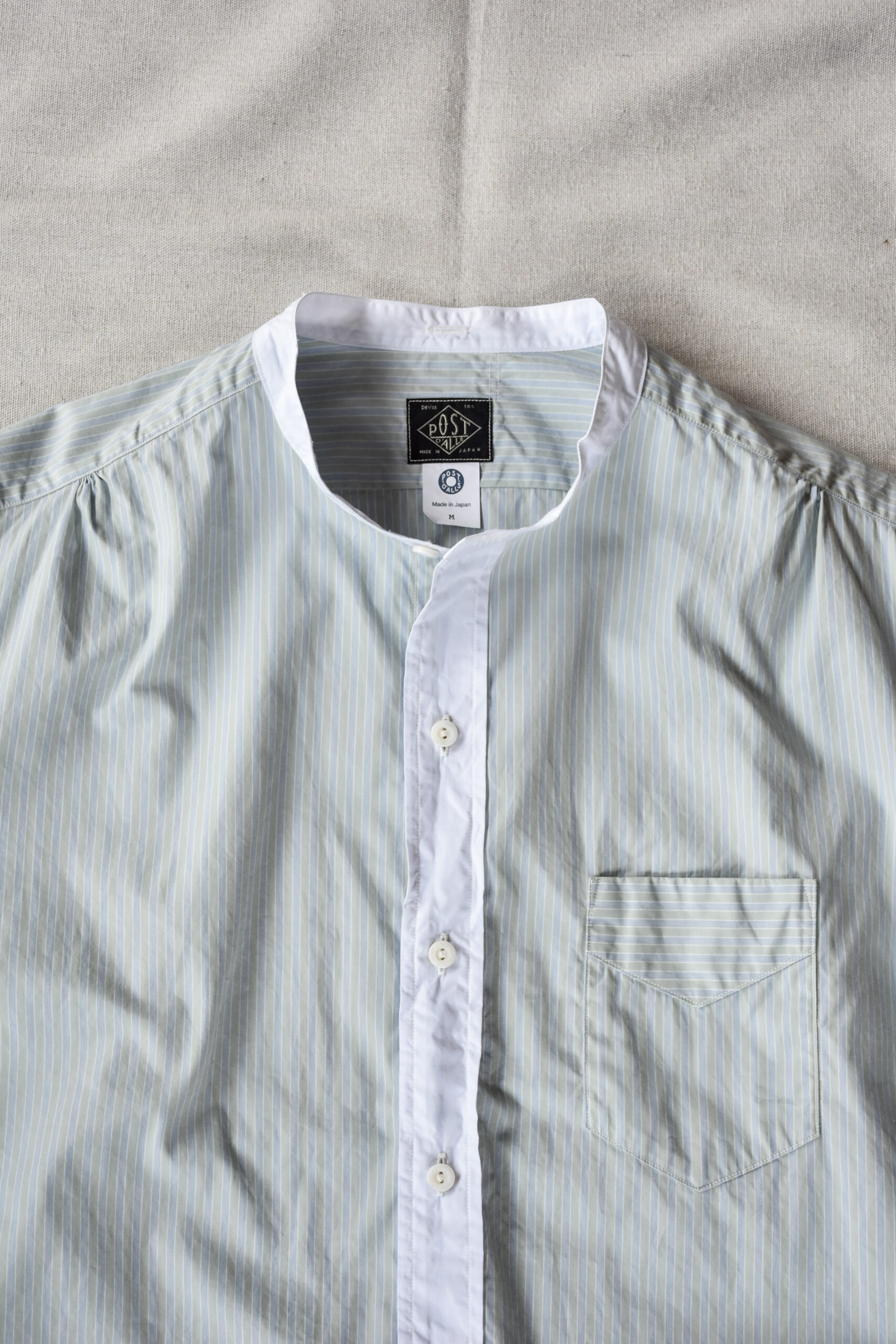 Post O’Alls Original BL Band Collar Shirt broadcloth White Trim Green Stripe