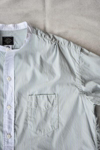 Post O’Alls Original BL Band Collar Shirt broadcloth White Trim Green Stripe