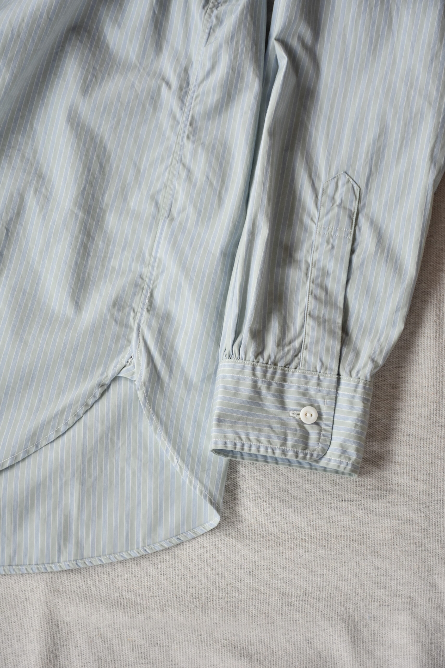 Post O’Alls Original BL Band Collar Shirt broadcloth White Trim Green Stripe