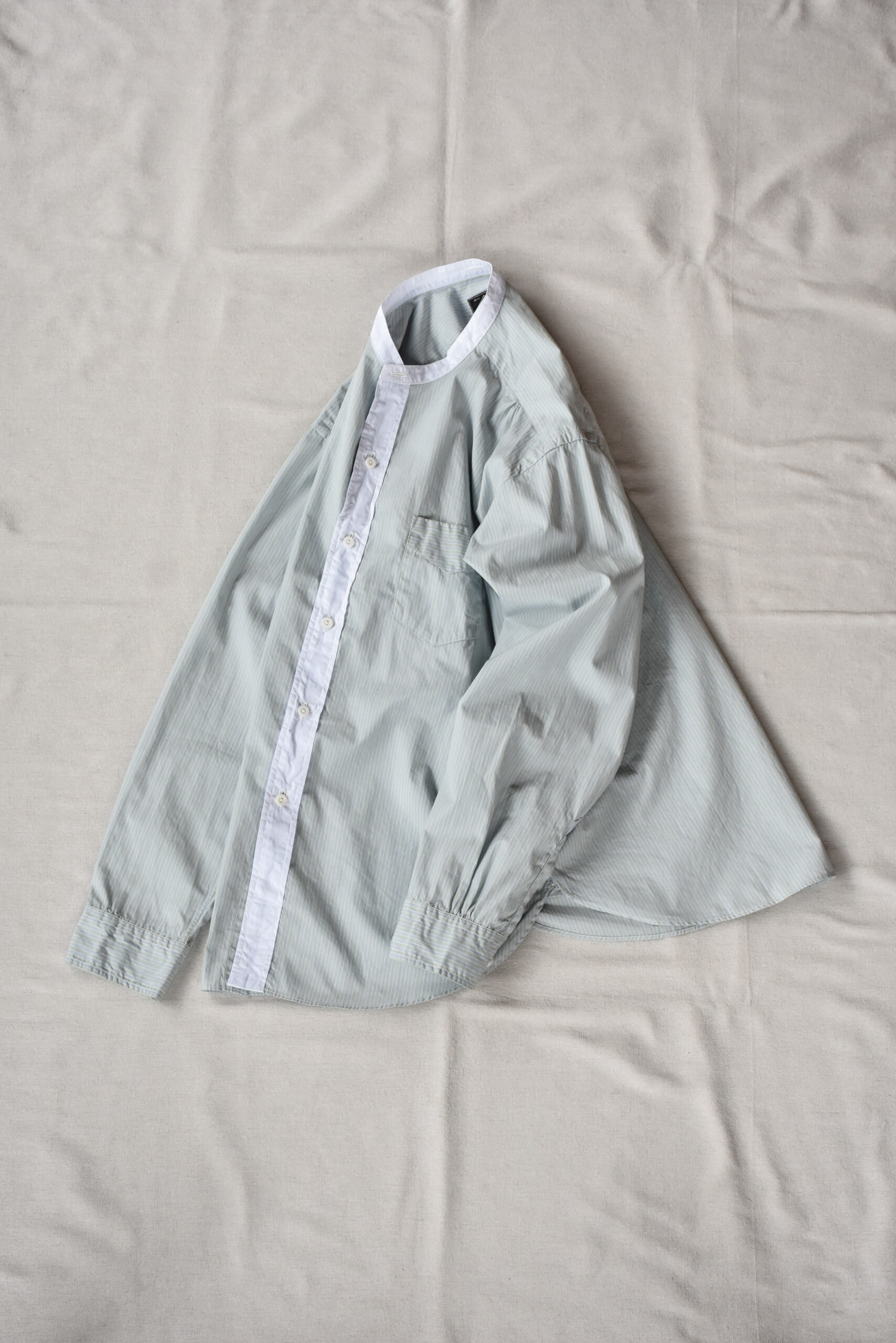 Post O’Alls Original BL Band Collar Shirt broadcloth White Trim Green Stripe