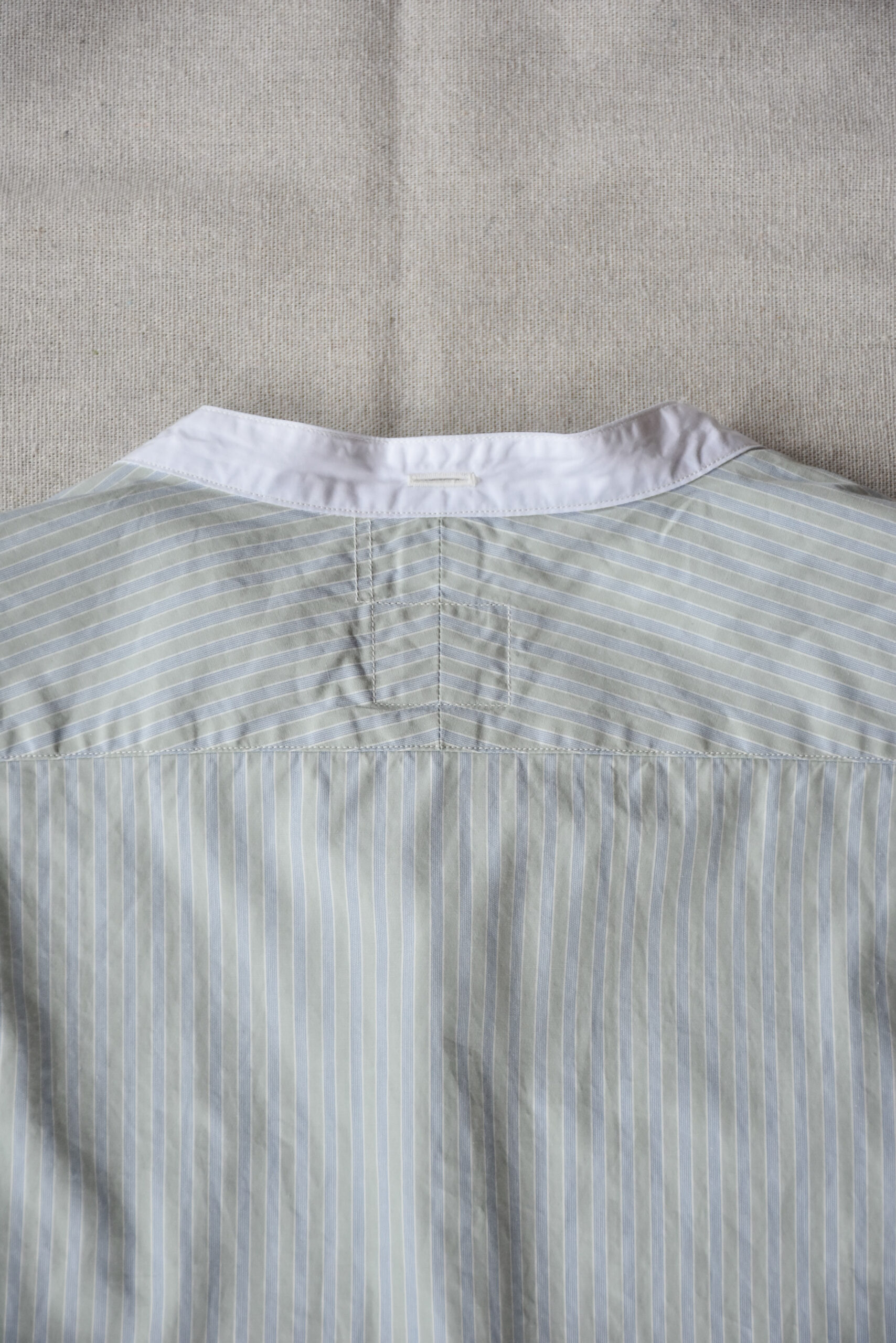 Post O’Alls Original BL Band Collar Shirt broadcloth White Trim Green Stripe