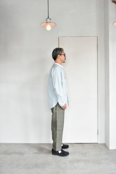 Post O’Alls Original BL Band Collar Shirt broadcloth White Trim Green Stripe