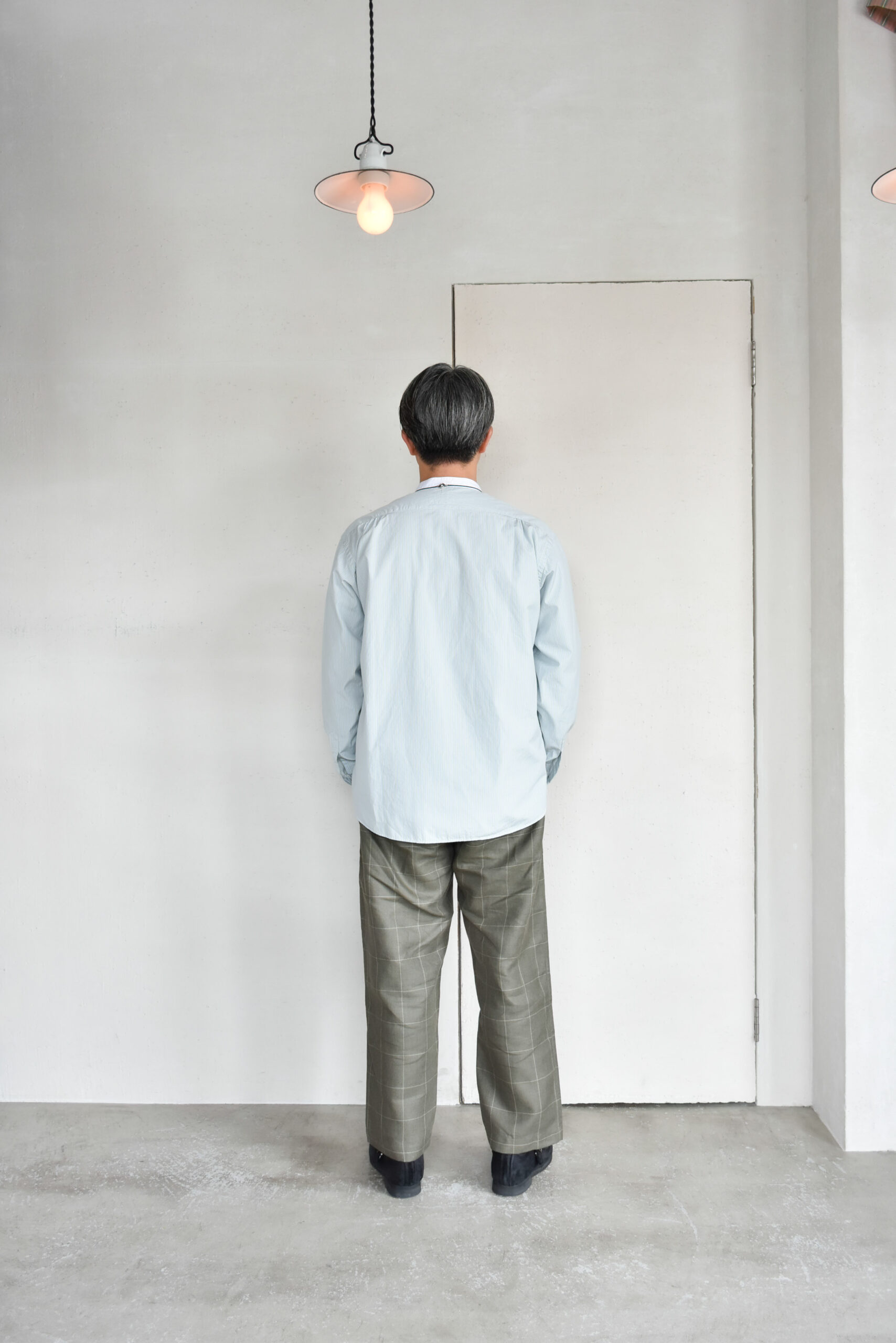 Post O’Alls Original BL Band Collar Shirt broadcloth White Trim Green Stripe