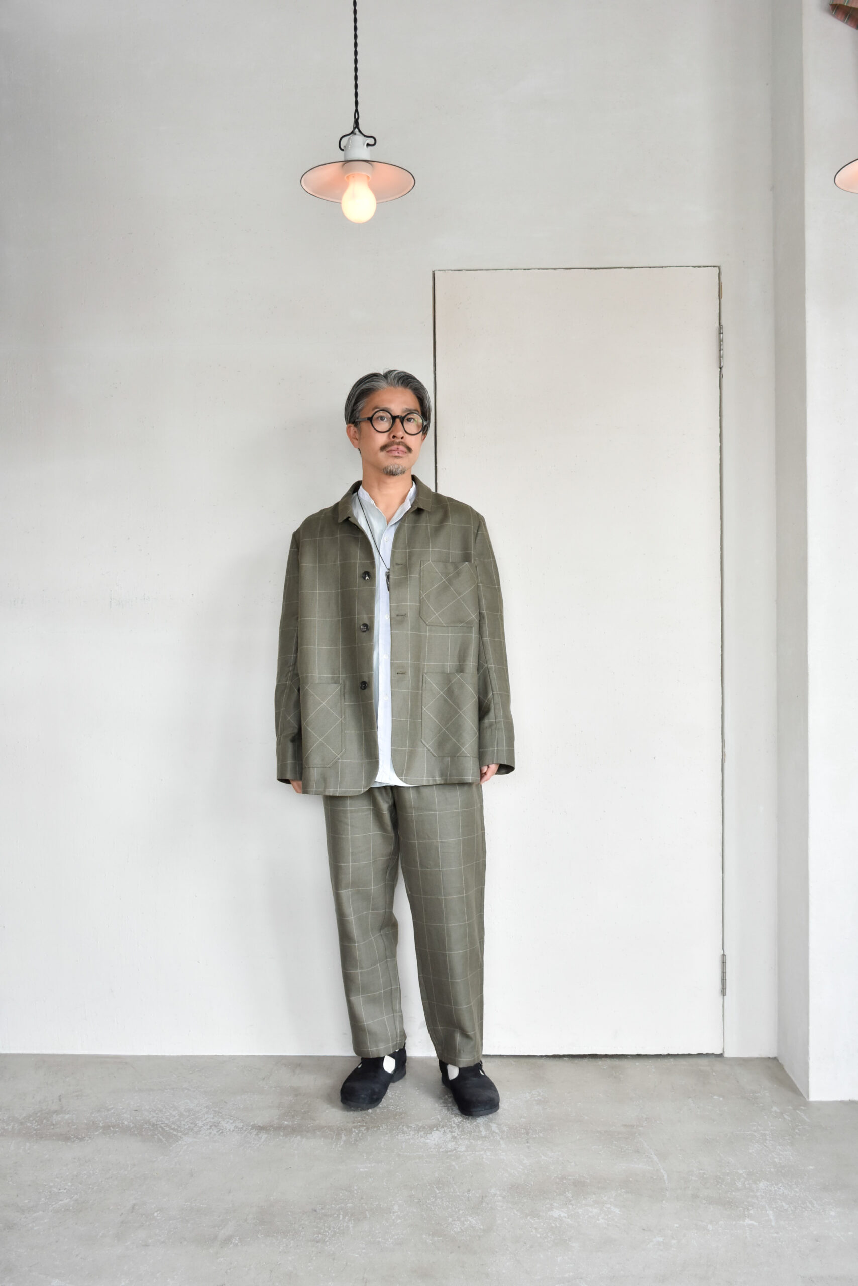 QUILP SCOTT Baker Pants Wool Linen Windowpane Olive