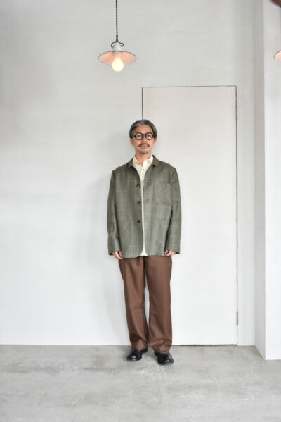QUILP DUNBAR Coverall Jacket Wool Linen Windowpane Olive