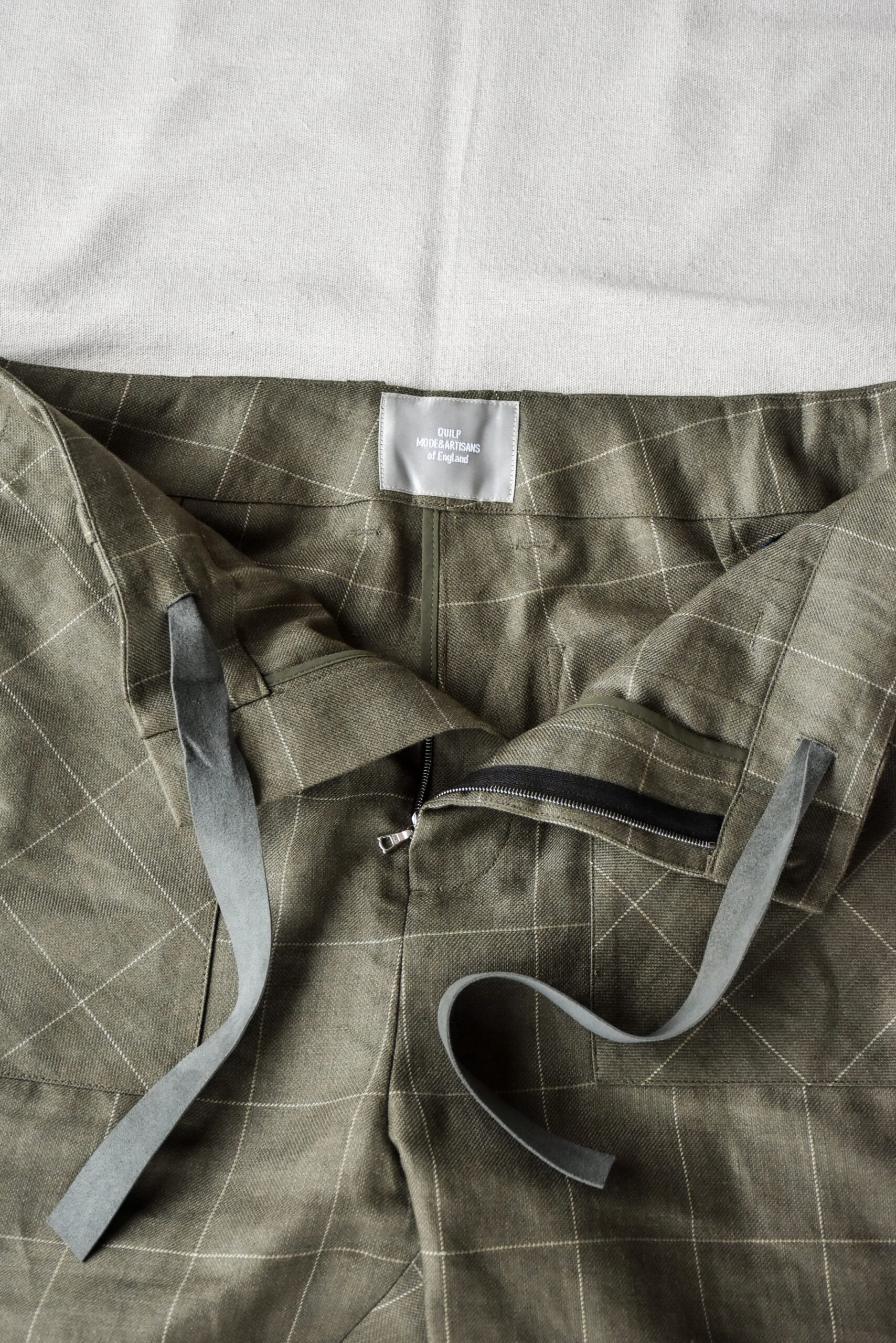 QUILP SCOTT Baker Pants Wool Linen Windowpane Olive