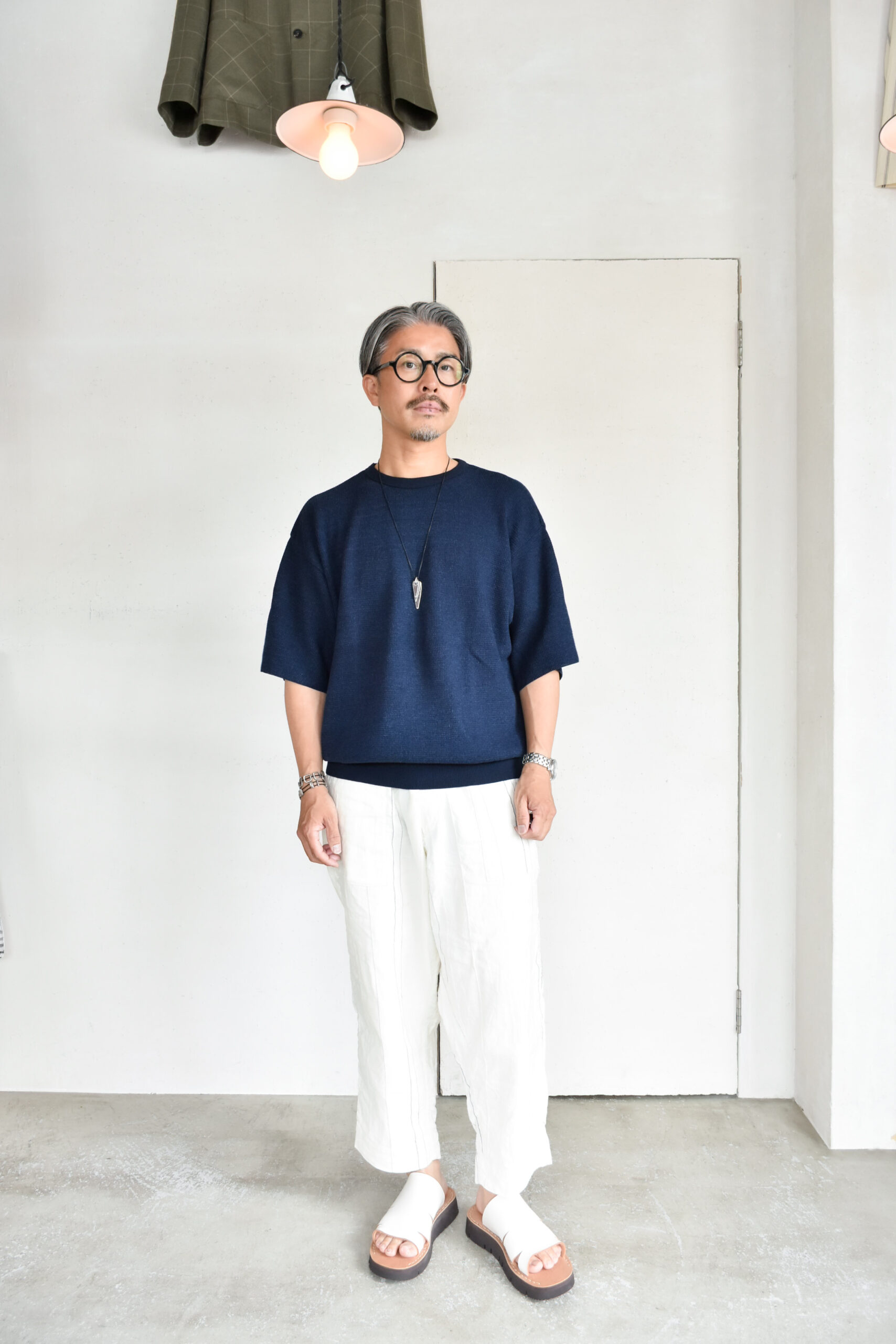 FilMelange CASEY Half Cardigan Stitch Cotton Knit T-Shirt Navy Melange